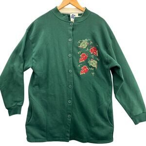 Pleasant Shade Vintage Green Leaf Embroidered Sweatshirt Jacket Women XL